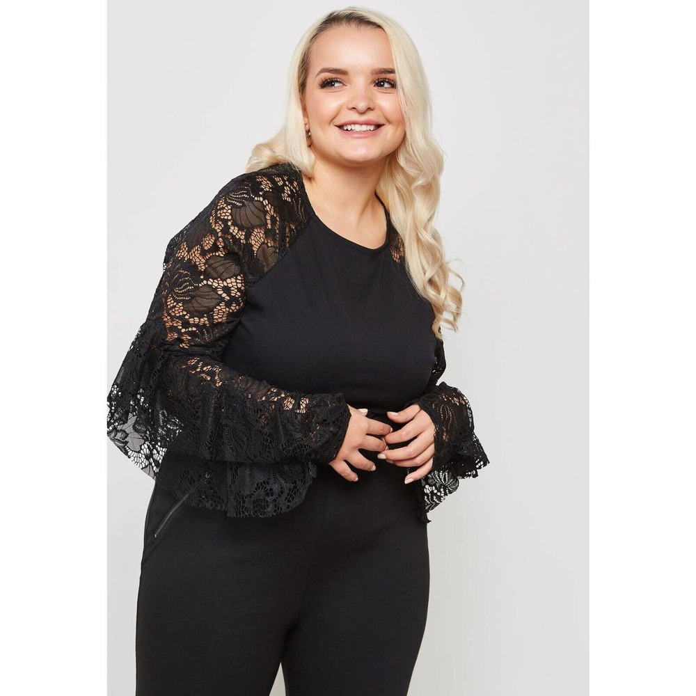 Lost Ink Lace Ruffle Sleeve Bodysuit Top Black Sz 22